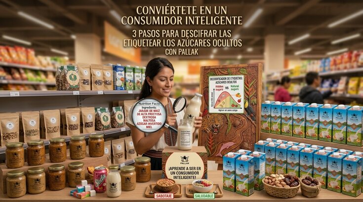 Persona leyendo la etiqueta nutricional de un producto en el supermercado.