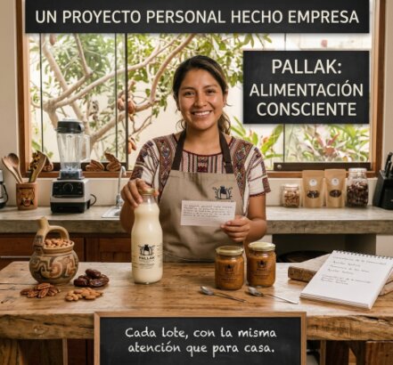 Fundador de un proyecto artesanal de bebidas vegetales en una cocina, sosteniendo uno de sus productos.
