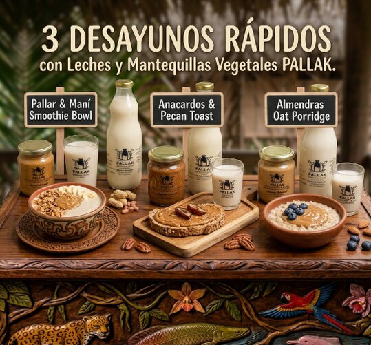 Tazón de desayuno con granola, fruta fresca y bebida vegetal.